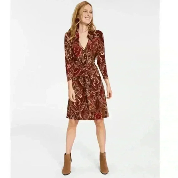 Tommy Hilfiger Women's Shirt  Dress with Tie Belt Paisley Print Size 14 stretchy - Picture 1 of 8